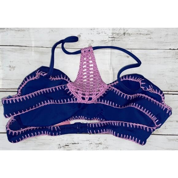 Victoria's Secret Bikini Swim Top Medium Blue/Removable Pads Macrame Accent EUC - Picture 2 of 6